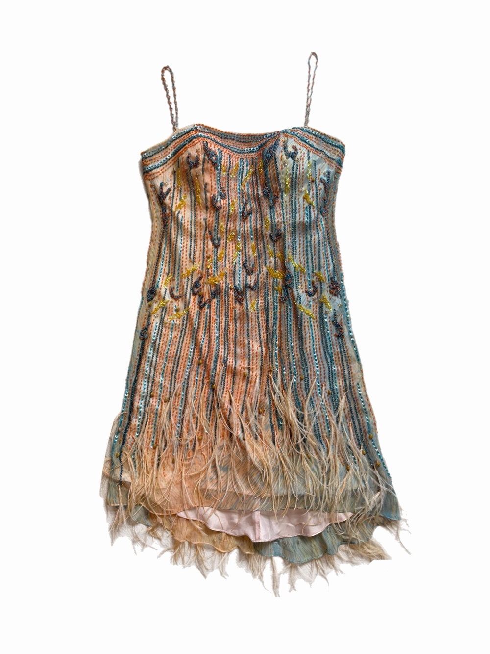 VTG Faust Paris The Great Gatsby Beaded Feather Cocktail Dress 40 M Ombré Teal